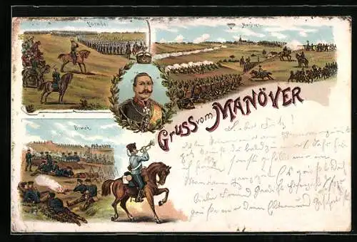 AK Gruss vom Kaisermanöver, Bild vom Kaiser umringt von Eichenblättern