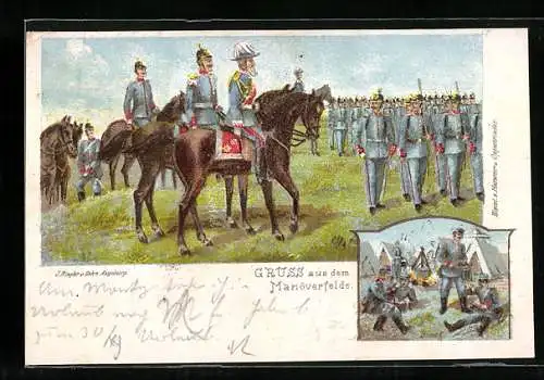 Lithographie Soldaten in Uniform zum Kaisermanöver und im Biwak-Lager
