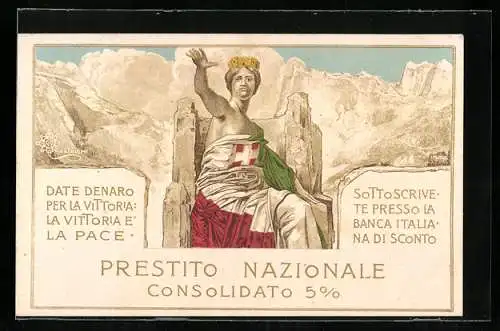 Lithographie Allegorische Frauenfigur mit Krone und italienischer Flagge, Anregung zum Kauf von Kriegsanleihen