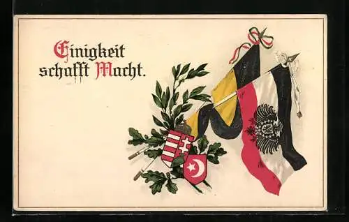 AK Furchtlos und treu, türkisches und ungarisches Wappen, deutsche und Habsburger Fahne