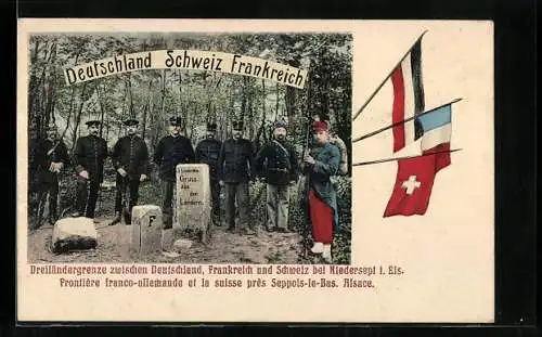 AK Niedersept. i. Els., Soldaten in Uniform am Dreiländerstein zwischen Deutschland, Frankreich und der Schweiz