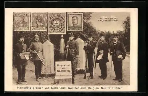 AK Vierländerblick - Internationale Zöllner an den Grenzsteinen, Briefmarken der beteiligten Länder