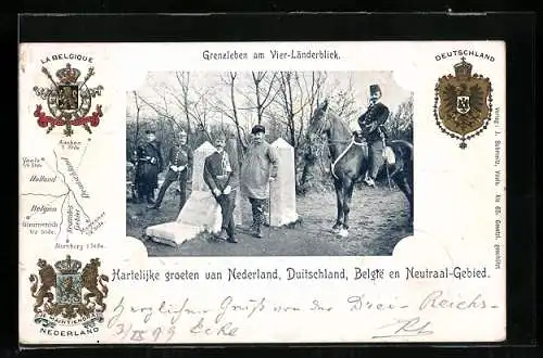 AK Grenzleben am Vier-Länderblick, Belgische, Deutsche niederländische und neutrale Soldaten, Landeswappen