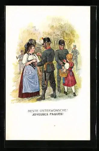 Künstler-AK R. Weiss: Kriegsostern 1915, schweizer Miltär und Magd in Tracht