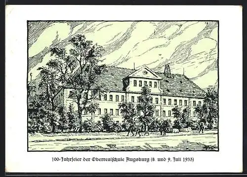 Künstler-AK Augsburg, Blick auf die Oberrealschule, Karte zur 100-Jahrfeier 1933