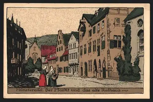 Steindruck-AK Münstereifel, Der Markt und das alte Rathaus