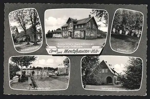 AK Mentzhausen / Oldb., Gasthaus Zschoppe, Kirche, Schule, Ehrenmal