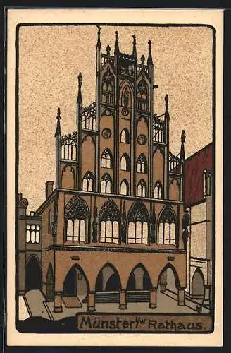 Steindruck-AK Münster i. W., Blick auf das Rathaus