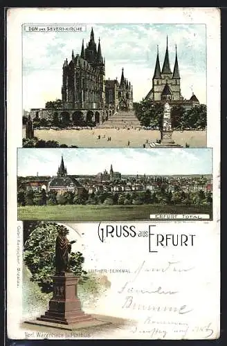 Lithographie Erfurt, Dom, Severi-Kirche, Lutherdenkmal und Totalansicht