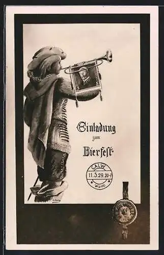 AK Calw /Württ., Mann mit einer Fanfare, Briefmarke daran, Einladung zum Bierfest