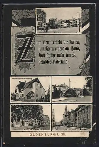 AK Oldenburg i. Gr., Ritterstrasse, Landwirtschaftliche Winterschule, Langestrasse, Friedensplatz, altes Palais