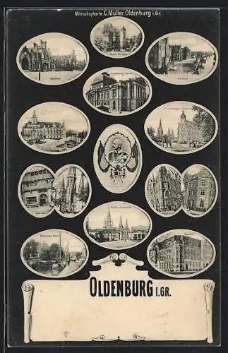 AK Oldenburg i. Gr., Bahnhof, Elisabeth Anna-Palais, Grossh. Theater, Lamberti-Kirche, Rathaus, Kirche und Hauptwache