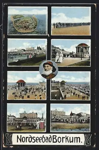 AK Borkum, Belebte Strandszenen, Gesamtansicht der Insel, Seepromenade, Hafenpanorama