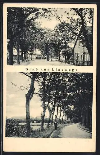 AK Linswege bei Westerstede, Ortspartie und Wanderer an der Landstrasse