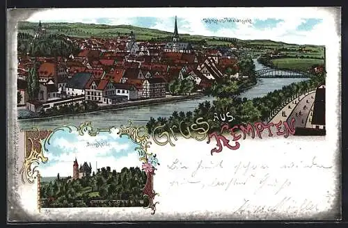 Lithographie Kempten / Allgäu, Totalansicht, Burghalde