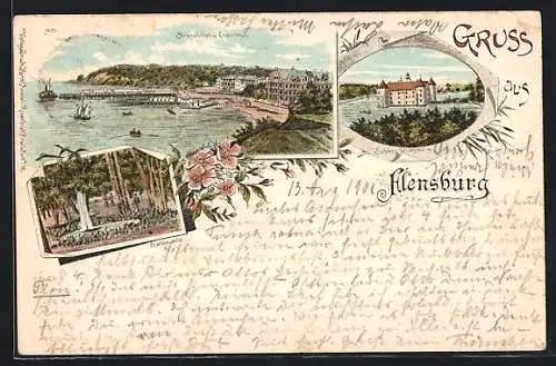 Lithographie Flensburg, Strandhotel und Logirhaus mit Landebrücken, Stahlquelle, Schloss Glücksburg