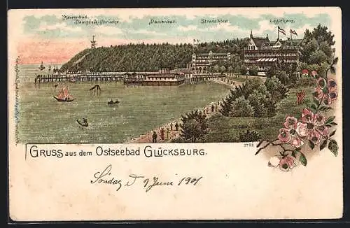 Lithographie Glücksburg, Strandhotel und Damenbad