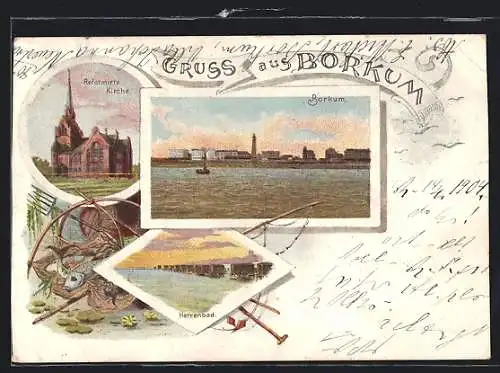 Lithographie Borkum, Reformierte Kirche, Herrenbad, Blick vom Meer auf den Ort