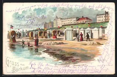 Lithographie Borkum, Ortsansicht mit Strandpartie