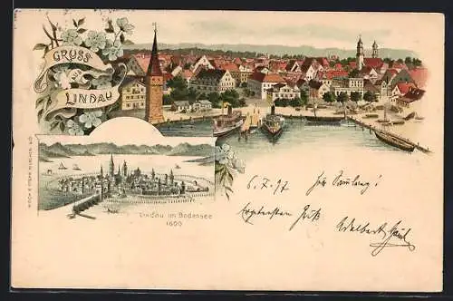 Lithographie Lindau a. Bodensee, Gesamtansicht & Ansicht um 1600