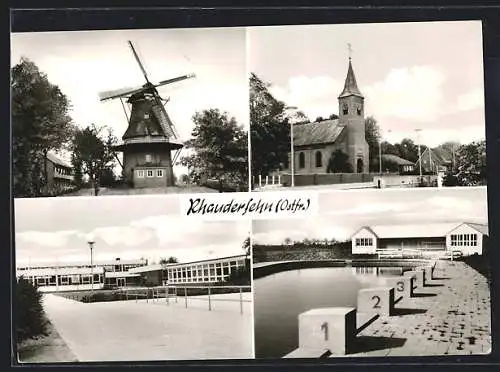 AK Rhauderfehn /Ostfr., Windmühle, Kirche, Schule, Freibad
