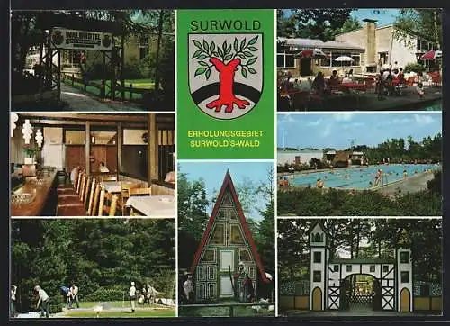 AK Surwold, Café-Restaurant Waldhotel mit Innenansicht und Terrasse, Minigolfplatz, Freibad