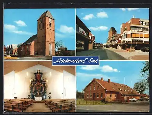 AK Aschendorf /Ems, Kirche mit Innenansicht, Strassenpartie mit Apotheke, Bauernhof