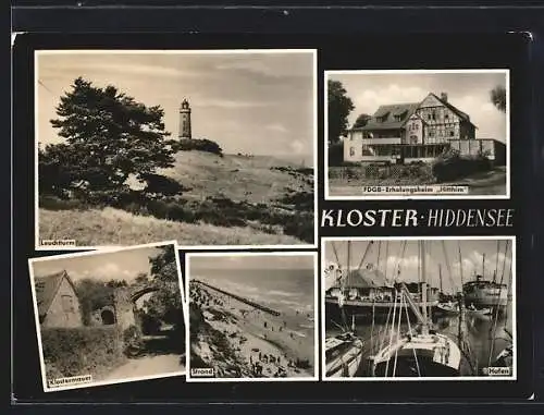 AK Kloster-Hiddensee, FDGB-Erholungsheim Hitthim, Leuchtturm, Klostermauer, Strand, Hafen