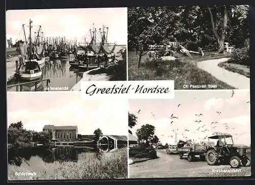 AK Greetsiel, Schöpfwerk, Oll Pastoren Tuun, Hafenansicht, Boote