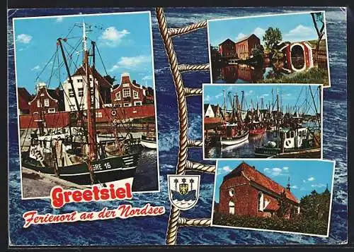 AK Greetsiel, Hafenpartie mit Fischkuttern, die Kirche