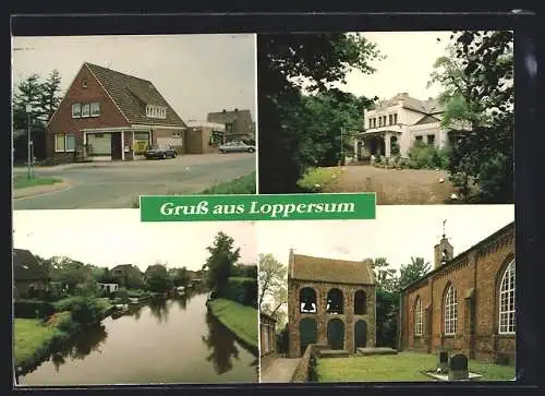 AK Hinte-Loppersum, Villa, Die Kirche, Villa, Flusspartie, Strassenpartie