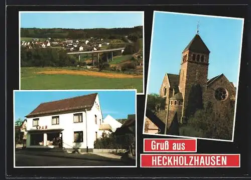 AK Heckholzhausen, Die Kirche, Sparfiliale E. Kegel, Ortsansicht mit Autobahnbrücke
