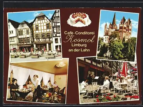 AK Limburg an der Lahn, Café-Conditorei Kosmol, mit Innenansicht und Terrasse, das Schloss