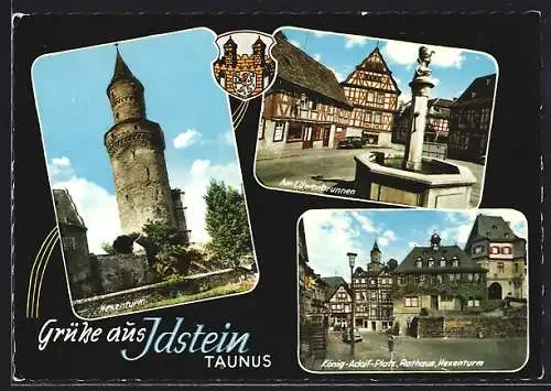 AK Idstein /Taunus, König-Adolf-Platz mit Rathaus, Löwenbrunnen, Hexenturm