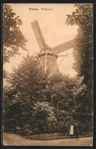 AK Emden / Ostfriesland, Wallpartie mit Windmühle