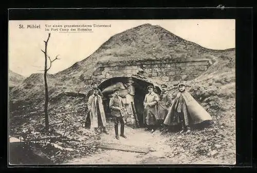 AK St. Mihiel, Soldaten und Generäle vor einem granatensicheren Unterstand im Fort Camp des Romains
