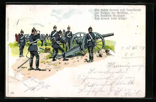 Künstler-AK Soldaten der Artillerie mit Kanone im Feld, Im Donner der Geschütze
