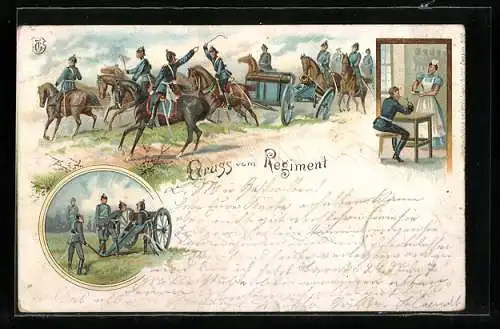 Lithographie Regiment zu Pferd reitet ins Gefecht, Artilleriegeschütz