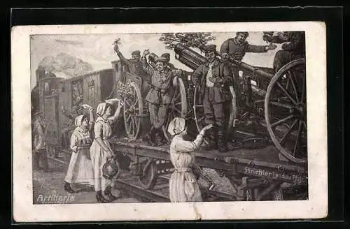 Künstler-AK sign. Strieffler: Artillerie-Transport per Eisenbahn