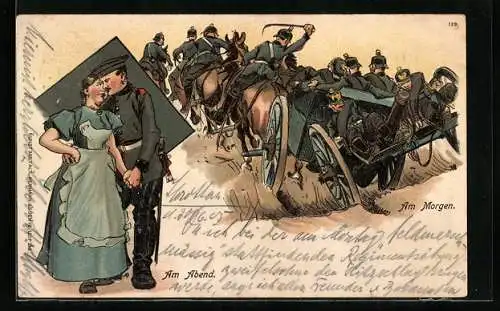 Lithographie Soldat verabschiedet sich Abends von seiner Frau, Morgens ist die Artillerie auf dem Weg in den Kampf