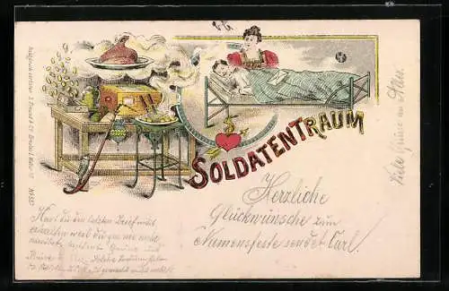 Lithographie Soldat träumt von seiner Frau, Zigarren und einem heissen Braten, Soldatenliebe