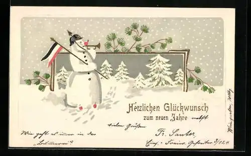 AK Schneemann mit Pickelhaube und schwarz-weiss-roter Fahne begrüsst das neue Jahr