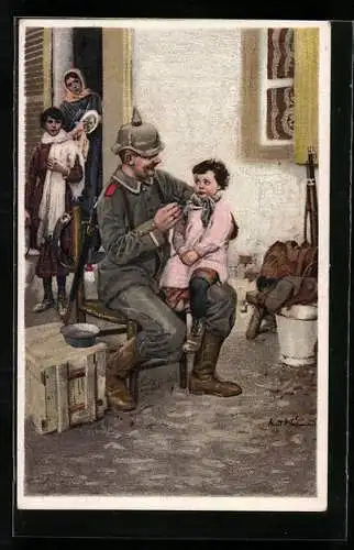 Künstler-AK Ernst Heilemann: Soldat füttert Kind