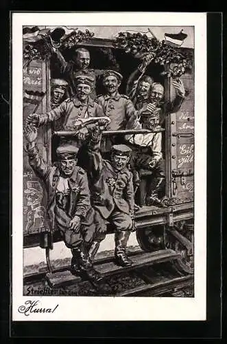Künstler-AK Strieffler: Soldaten im Eisenbahnwaggon jubelnd bei der Abfahrt