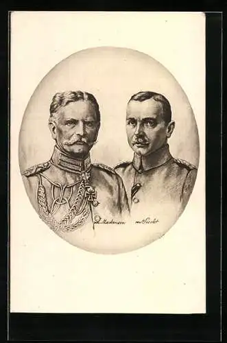Künstler-AK Heerführer von Mackensen und von Seeckt in Uniformen mit Ordensband und Schützenschnur