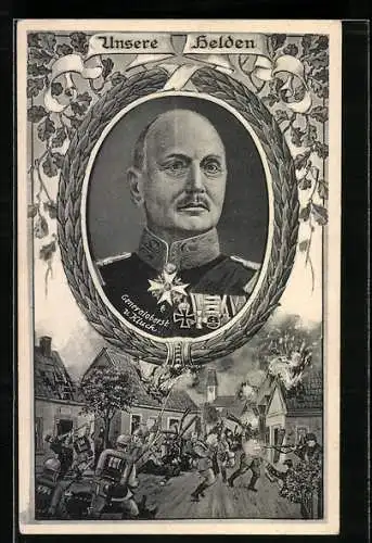 Künstler-AK Generaloberst v. Kluck in Uniform, Soldaten im Kampf