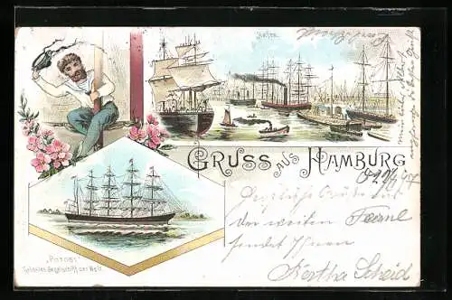Lithographie Hamburg, Segelschiff Potosi im Hafen