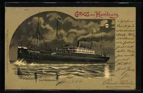 Mondschein-Lithographie Dampfer Graf Waldersee in voller Fahrt