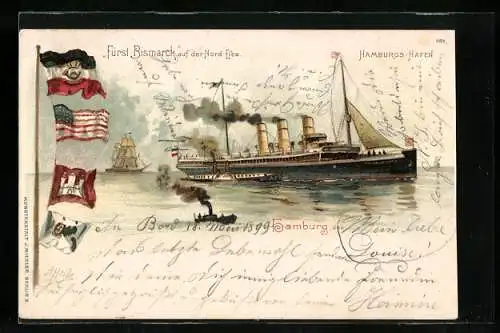 Lithographie Schnelldampfer und Passagierschiff Fürst Bismarck auf der Elbe