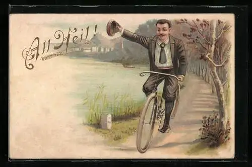 Lithographie All Heil, Mann am See auf Fahrrad, grüssend